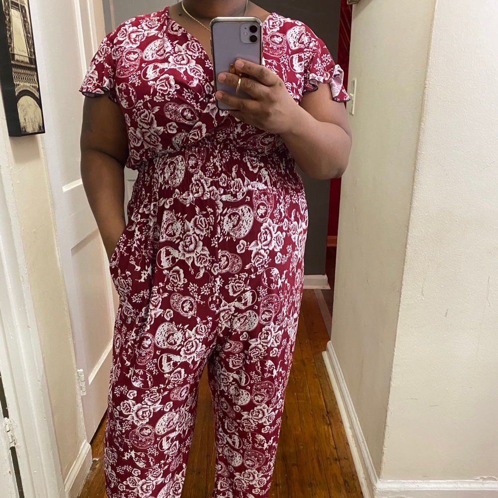 Wine and white rose print jumpsuit